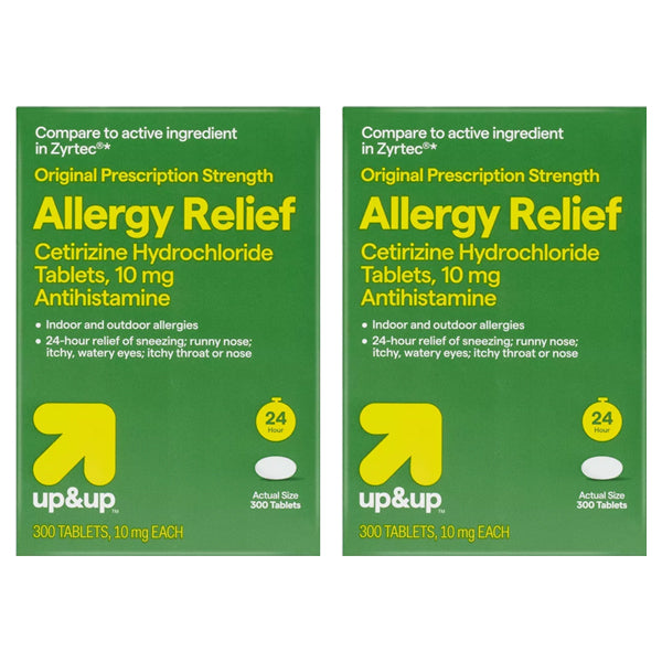 Get 2 packs of up&up Cetirizine Hydrochloride Allergy Relief Tablets, 300 tablets each (10mg), for 24-hour antihistamine relief from allergy symptoms.